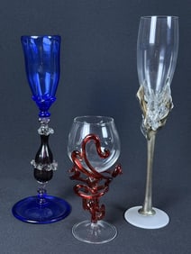 Art Glass Goblet Flute Grouping Pewter and clear glass measures 13 x 3 inches. Blue 11 .5 x 4