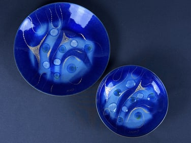 Sasha Brasstoff Enamel on Copper Bowl & Dish Large piece measures 11.5 x 1.5 inches. Dish measures 8