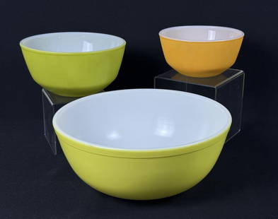 Vintage Pyrex Fire King Mixing Bowl Orange Fire King  measures 6 x 3 inches. Green Fire King: Orange Fire King measures 6 x 3 inches. Green Fire King Measures 7.25 x 3.5 inches and yellow Pyrex 10.5 x 4.5 inches. Utensil marks on each. Please refer to photos for item details and condition info