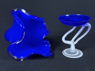 Blue Art Glass Blossom Vase & Candle Stand No makers mark. Vase measures 9 x 6 x 7.5 inches. Stand
