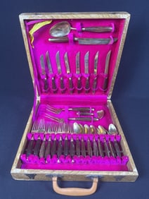Vintage Thai Brass & Teak Wood Flatware Set 28 pieces with wooden case measuring 13 x13 x 3 inches.