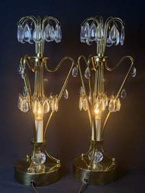 Pair Vintage Brass & Crystal Waterfall Table Lamps Working condition. No makers mark. Some scratches
