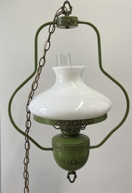Vintage Saloon Style Hanging Lamp Metal hanging lamp painted green with chimney and saloon glass