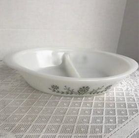 Glasbake Crazy Daisy Divided Casserole Dish White Glass Divided Casserole Dish with Green Daisy
