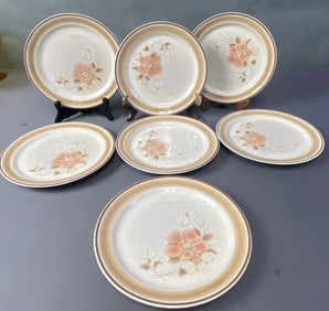 Hearthside Stoneware Dessert Plates Set of 7 Brown Orange and White Floral plates by Hearthside