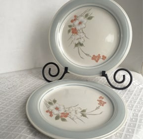 Floral Stoneware Dessert Plates Set of Two Pair of floral powder blue dinner plates in the Riverside