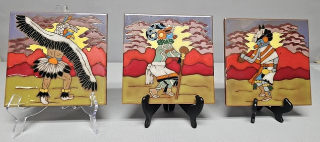 Trio of Mag More Vintage Art Tiles New Mexico High Gloss, Hand Painted Clay Tiles. No chips, cracks