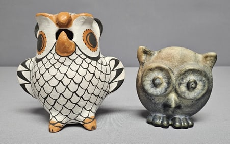 Acoma Pueblo Pottery & Gotek Pottery Owls Both signed. No chips, cracks or repairs.