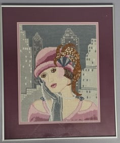 1980's Framed Needlepoint Art Deco Flapper Woman Measures 15.5" by 18.5" framed.