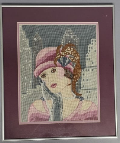 1980's Framed Needlepoint Art Deco Flapper Woman Measures 15.5" by 18.5" framed. (1 of 5)