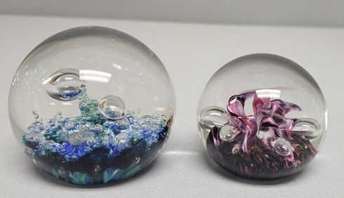 2 Selkirk Glass Studio Satin Paperweights No chips, cracks or repairs