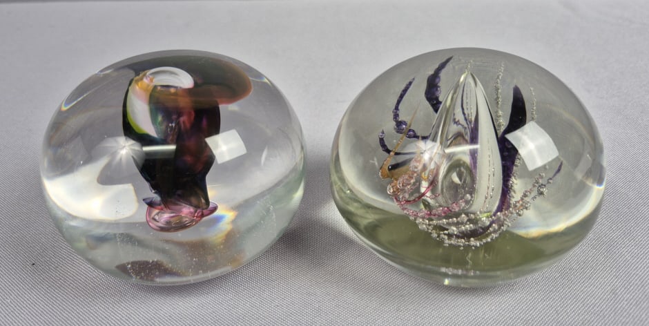 Pair of Signed Art Glass Paperweights 1984 Lisa Applebaum & J: Applebaum & J Fitzpatrick No chips or cracks. Please see images for details regarding the condition.
