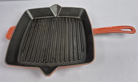 Staub Cast Iron 12" Ribbed Grill Pan Some marks, signs of use. Please see images for details