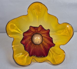 Signed Yellow & Red Art Glass Flower Decor Dated 2012, signature illegible. This is in 2 pieces that