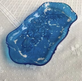 Blue Glass Daisy Pattern Tray Vintage glassware dish with flower pattern painted blue, sold as is.