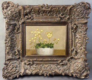 Acrylic Floral Yellow Flowers Original Painting Painting of a bowl of small yellow flowers in an