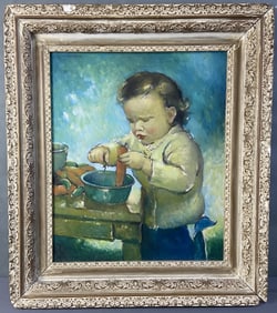 Dodd Stauderman Oil Painting Signed Oil painting of a baby eating peas and carrots, signed in the