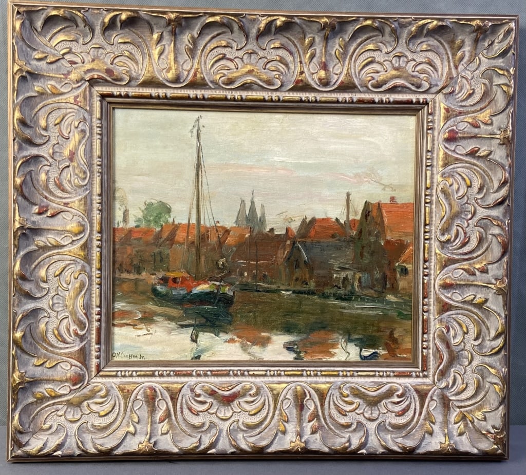 ON Chaffee Jr Seaport Oil Painting Oil painting of a seaport by Oliver Newberry Chaffee Jr (1 of 10)