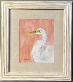 Stork Watercolor Painting David Smith Signed Original watercolor painting of a white stork on a pink