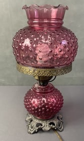 Cranberry Glass Hobnail Electric Hurricane Lamp 20th century table lamp made of cranberry colored