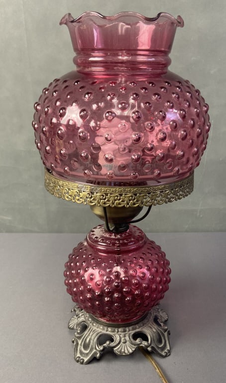 Cranberry Glass Hobnail Electric Hurricane Lamp 20th century table lamp made of cranberry colored (1 of 5)