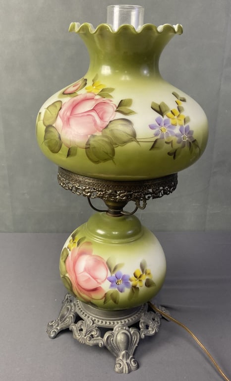 Gone With the Wind Glass Table Lamp Glass table lamp hand painted with pink roses on a green (1 of 8)