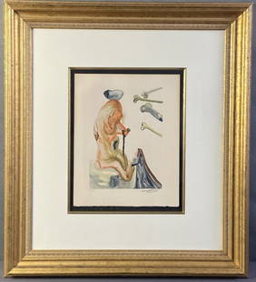 Salvador Dali Imposter Inferno 18 Engraving Signed Hand colored engraving of Imposter from the: Hand colored engraving of Imposter from the Inferno 18 series by Salvador Dali, inspired by Dante's The Divine Comedy. Signed in pencil by Dali and numbered 61/1000. Artwork with frame and mat is 23 3