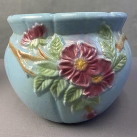 Robinson Ransbottom Jardiniere Floral Blue ceramic Robinson Ransbottom jardiniere with embossed red