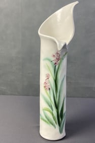 Ann Carroll Signed Pottery Vase Tall white vase shaped in part like a calla Lily, hand painted with