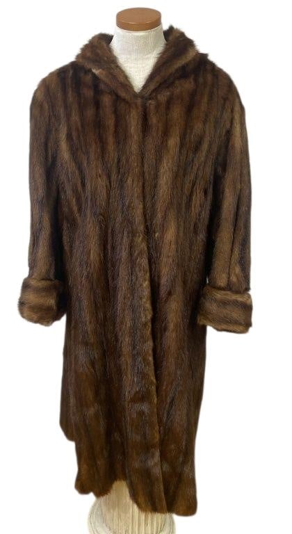 Vintage Mid Calf Length Beaver Fur Coat Fur coat, brown striped fur, no label, some small bare: Fur coat, brown striped fur, no label, some small bare spots. Measurements lying flat are: Neck: 7 inches Bust: 19 inches Waist: 23 inches Hips: 27 inches Length from shoulder to hem: 42 1/2 inches Sl