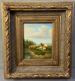 Modern Provencal Sheep Oil Painting Oil painting of sheep in a field in an ornate frame, unsigned. A