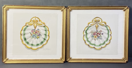 Pair Doris T McDaniel Watercolors Watercolor paintings of shells with flowers painted in the center.