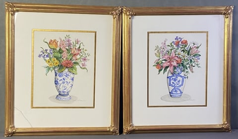 Dora T McDaniel Watercolors Flowers in Vases Two watercolor paintings of flowers in blue and white