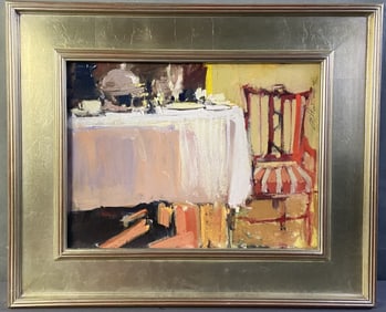 Jody dePew Mcleane Interior Oil Painting Signed Oil painting with pastel crayon details of the