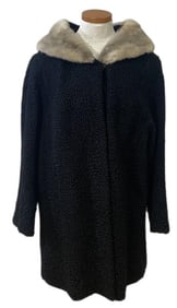 Vintage Lamb Skin Wool Coat with Fur Collar Black lamb skin wool coat with mink fur collar. Label