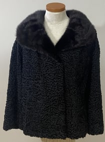 Vintage Lambskin Short Coat with Mink Collar Black lamb skin wool jacket with black mink collar.
