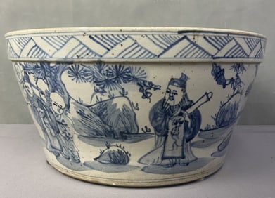 Blue & White Pottery Planter 7 Sages Bamboo Grove Blue and white glazed Chinese pot with unglazed