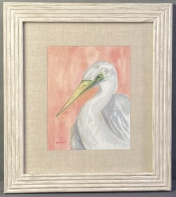 Watercolor Crane Painting Signed David Smith Watercolor of a grey crane on a pink background, signed