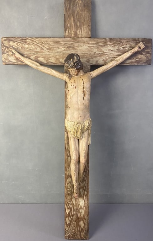 Vintage Wood & Plaster Crucifix Wood carved cross and Jesus Christ with plaster. Some chips in paint: Wood carved cross and Jesus Christ with plaster. Some chips in paint and cracks in plaster exposing wood underneath. Unmarked with maker or country of origin. Crucifix is 36 inches tall, 22 inches wid