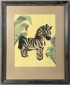 Vintage Zebra Serigraph Signed Cibro Mid century Serigraph featuring a zebra on a yellow background,