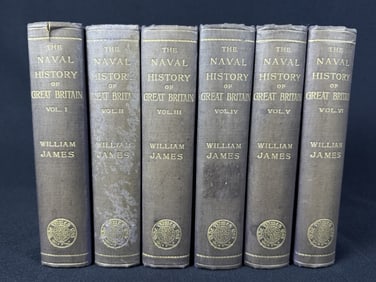 Antique Naval History of Great Britain 6 Vol Books By William James. Blue cloth bound. Spine very
