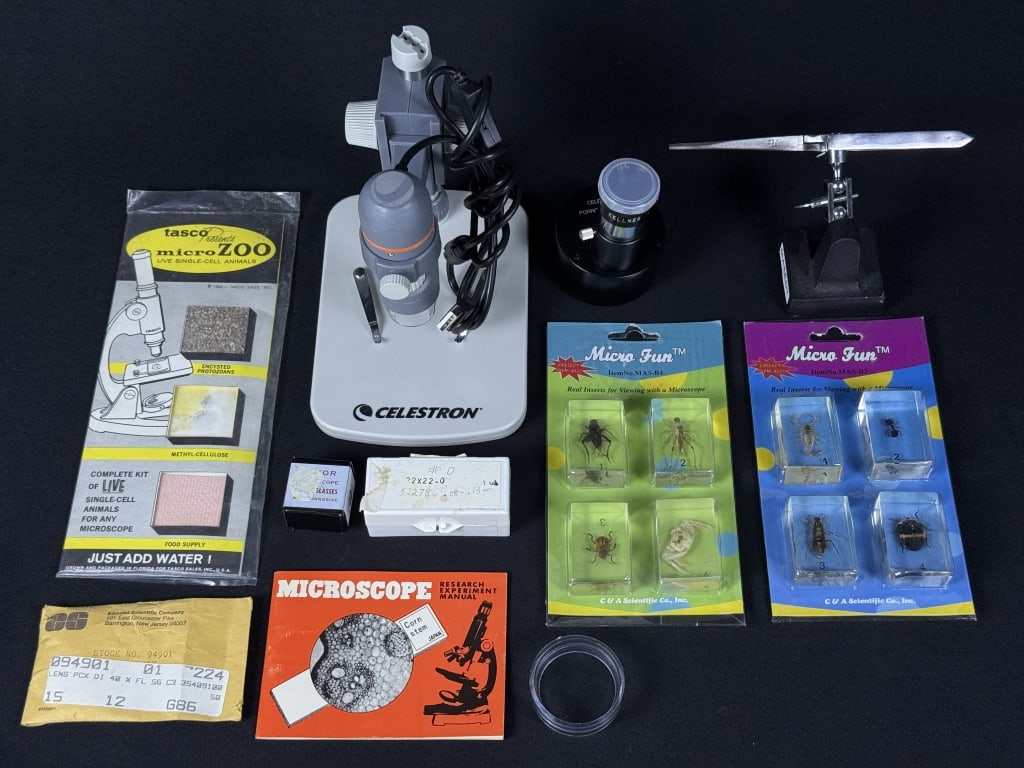Microscope Slides Insects & Other Accessories Please refer to photos for included items and: Please refer to photos for included items and condition information. Approximately 12 x 7.5 x 6 inches.