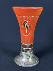 Vintage E & J Bass Glass & Silverplate Vase Orange with painted Parrot image. Measures 5 x 2.5