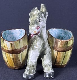 Vintage Ceramic Donkey With Barrels Vase Made in Italy. Measures approximately 6 x 6 x 6 inches.