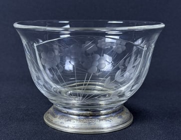 Vintage Silver Plated Etched Glass Divided Bowl Floral motif. Unknown maker. Free from cracks or