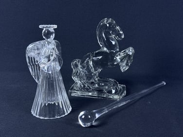 Clear Glass Mixed Lot Horse Angel Candlestick 3 pieces. Free from cracks or chips. No maker’s