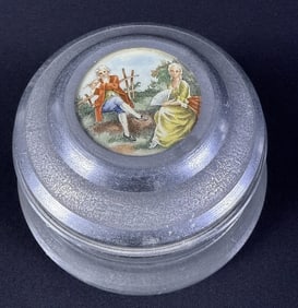 Vintage Aluminum Musical Powder Box Works. No makers mark. Some scuffs and scratches. Measures 5 x 3