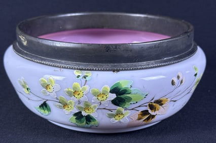 Vintage Hand Painted Glass & Silver Plated Bowl No makers mark. 4.5 inches tall by 8.25 inches
