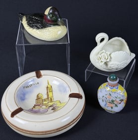 Vintage Glass Ceramic Mixed Grouping Perfume bottle, bottle opener, Ashtray and Sean dish. Please