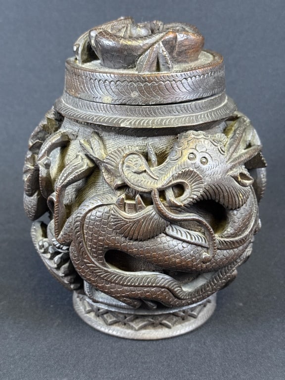 Vintage Asian Carved Wood Jar Copper Lined Dragons motif. Chip in lid. Measures 7.5 x 6 inches wide.: Dragons motif. Chip in lid. Measures 7.5 x 6 inches wide. Please see photos for further item information and condition details.
